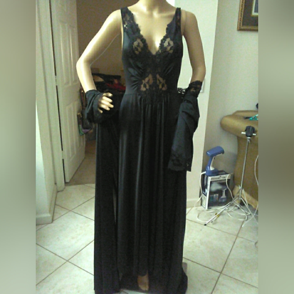 VINTAGE 1980s LORRAINE LINGERIE SET Luxurious Black Lace MAXI W/ ROBE PTP 15-19 - Picture 10 of 16